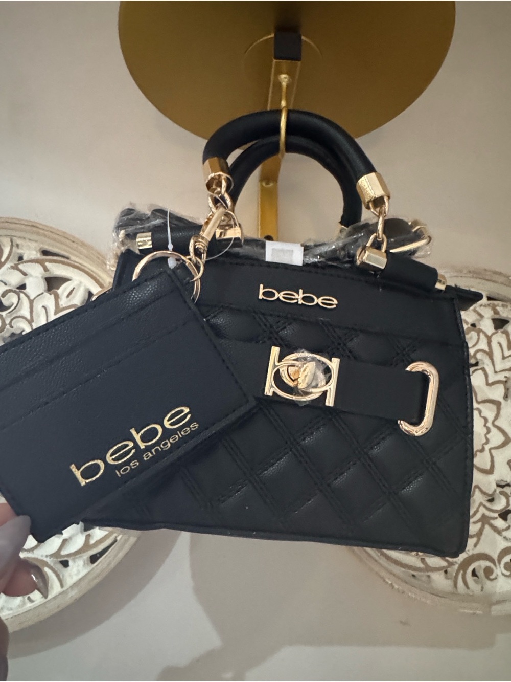 bebe Quilted Black Satchel with Gold Hardware and Cardholder
